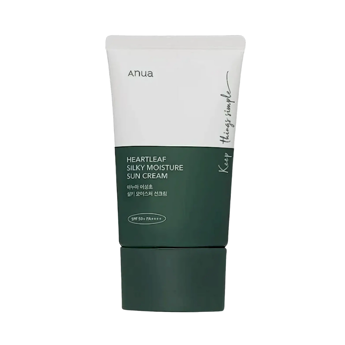 Anua Heartleaf Silky Moisture Sun Cream SPF50+/PA++++ 50ml – weiße Tube mit grünem Band, Blätterdeko