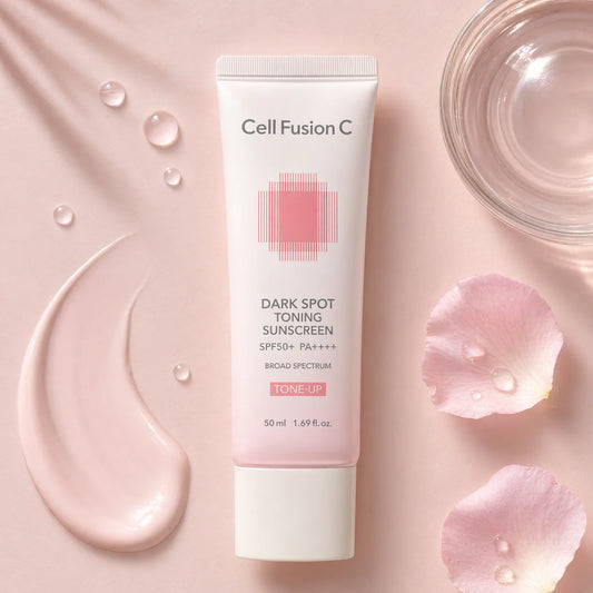 Cell Fusion C Dark Spot Toning Sunscreen SPF50+ PA++++ 50ml – Kartonseiten mit rosa Verlauf, zartrosa Creme