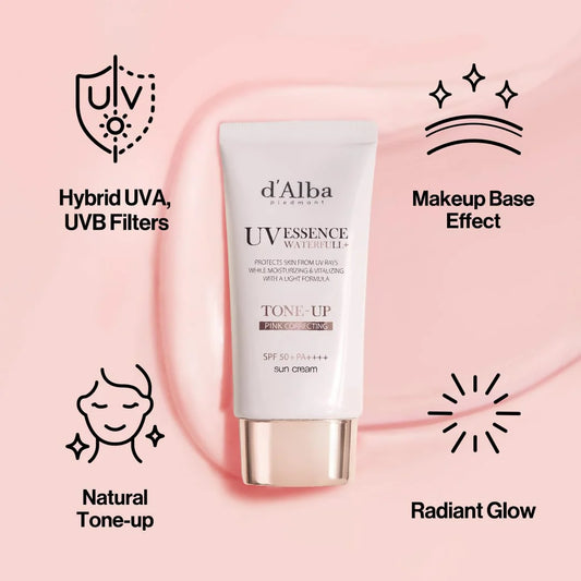 d'Alba Waterfull Tone-Up Sun Cream SPF50+ PA++++ 50ml – weiß-rosa Tube mit Kappe auf zartrosa Hintergrund