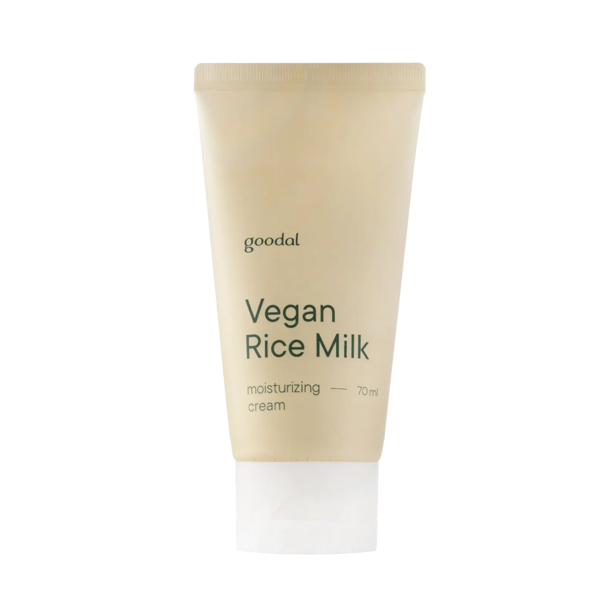 Goodal Vegan Rice Milk Moisturizing Cream 70ml – Tube in Weiß und Beige, kontrastreich vor schwarzem Hintergrund