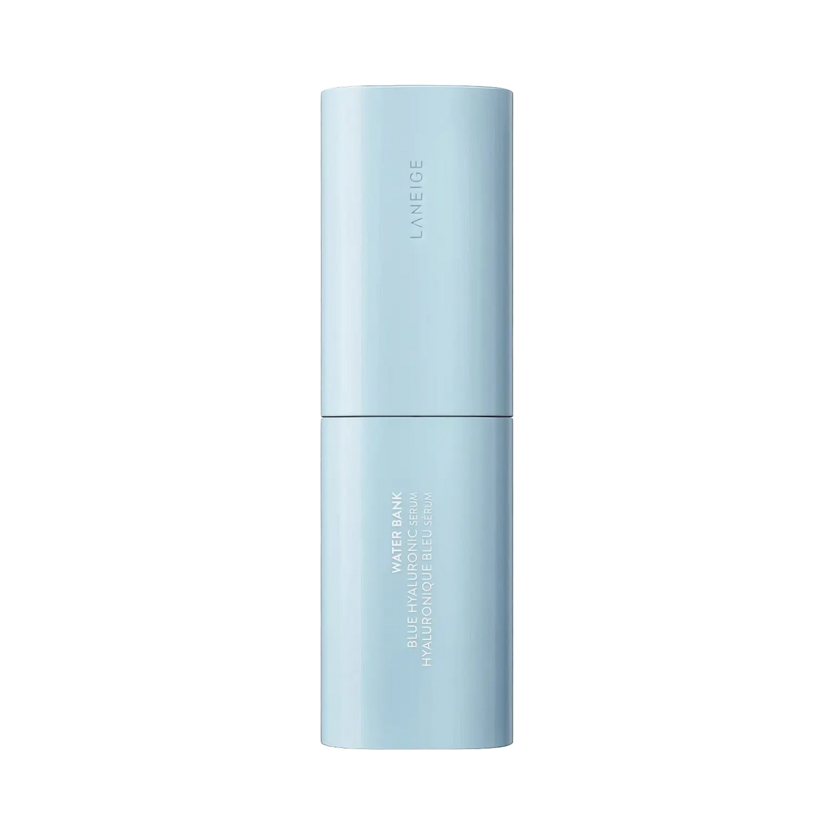 Laneige Water Bank Blue Hyaluronic Serum 50ml – weiße Flasche aufrecht vor schwarzem Hintergrund, starker Kontrast