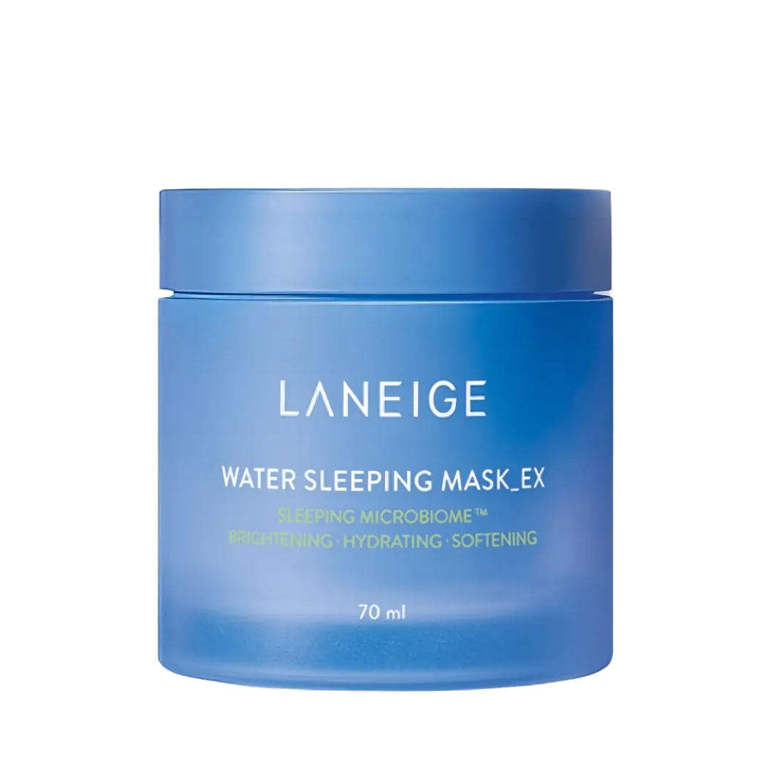 Laneige Water Sleeping Mask EX 70ml – aufrechte blau-weiße Tube mit weißer Kappe vor dunklem Hintergrund