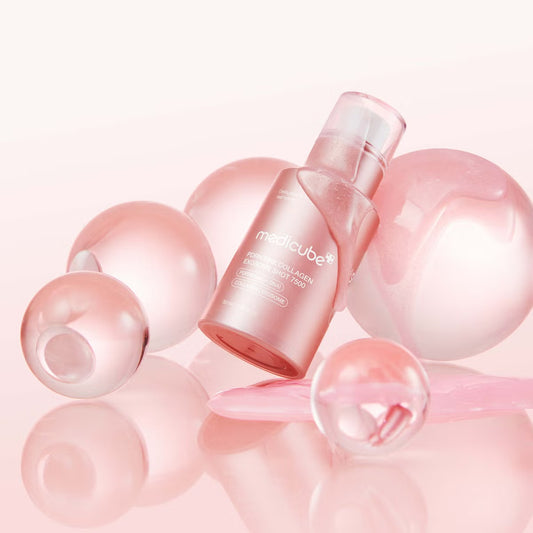 Medicube PDRN Pink Exosome Shot Serum 7500 30ml – rosa Pipettenflasche vor weißem Hintergrund