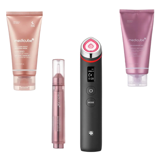 Medicube Set – Set-Inhalt mit mehreren Produkten vor schwarzem Hintergrund