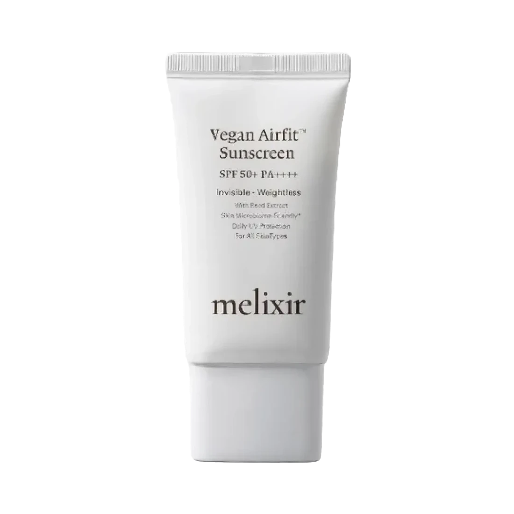 Melixir Vegan Airfit Sunscreen SPF50+ PA++++ 50ml – weiße Tube mit diagonal geriffeltem Etikett und schwarzer Schrift