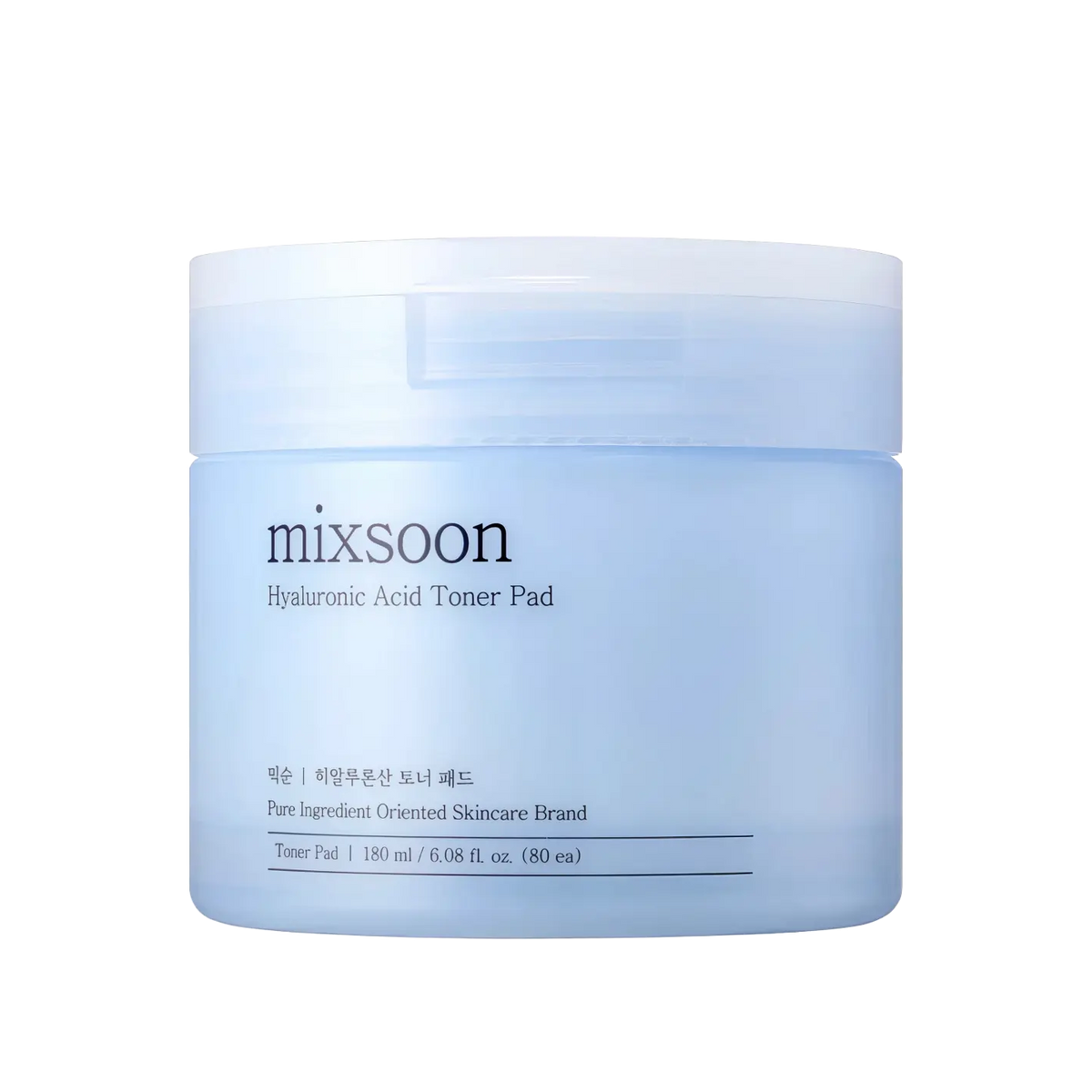 Mixsoon Hyaluronic Acid Toner Pad 180ml/80Stück. – Pad-Dose mit Etikett, kontrastreich vor einfarbigem Blau