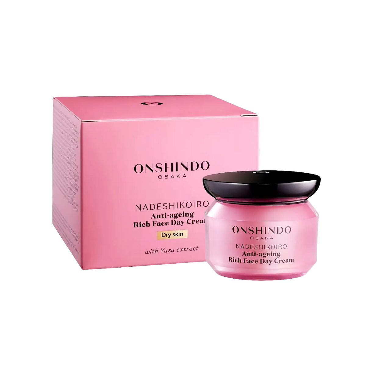 Onshindo Osaka Nadeshikoiro – Rich Face Day Cream (Dry Skin) 50ml – rosa Geschenkkarton, matt, mit schwarzem Oval, auf Rosa