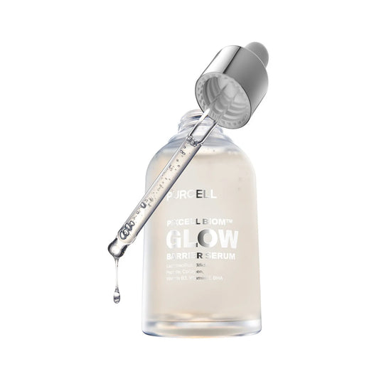 Purcell Pixcell Biom Glow Barrier Serum 50ml – klare Flasche mit goldschimmerndem Inhalt und Tropfen