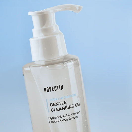 Rovectin Aqua Gentle Cleansing Gel 175ml – Flasche mit weißem Verschluss vor blauem Hintergrund