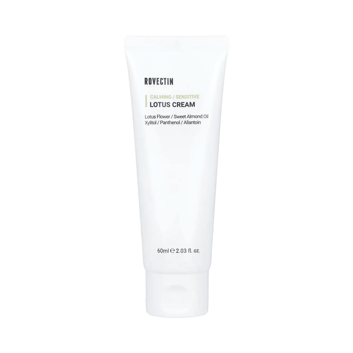 Rovectin Calming Lotus Cream 60ml – weiße Tube aufrecht vor dunklem, strukturiertem Hintergrund