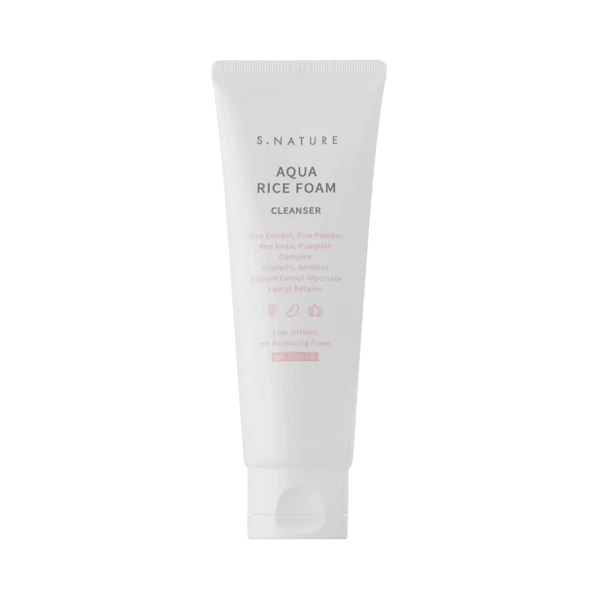 S.Nature Aqua Rice Foam Cleanser 80ml – Weiße Tube mit roter Schrift vor schwarzem Hintergrund