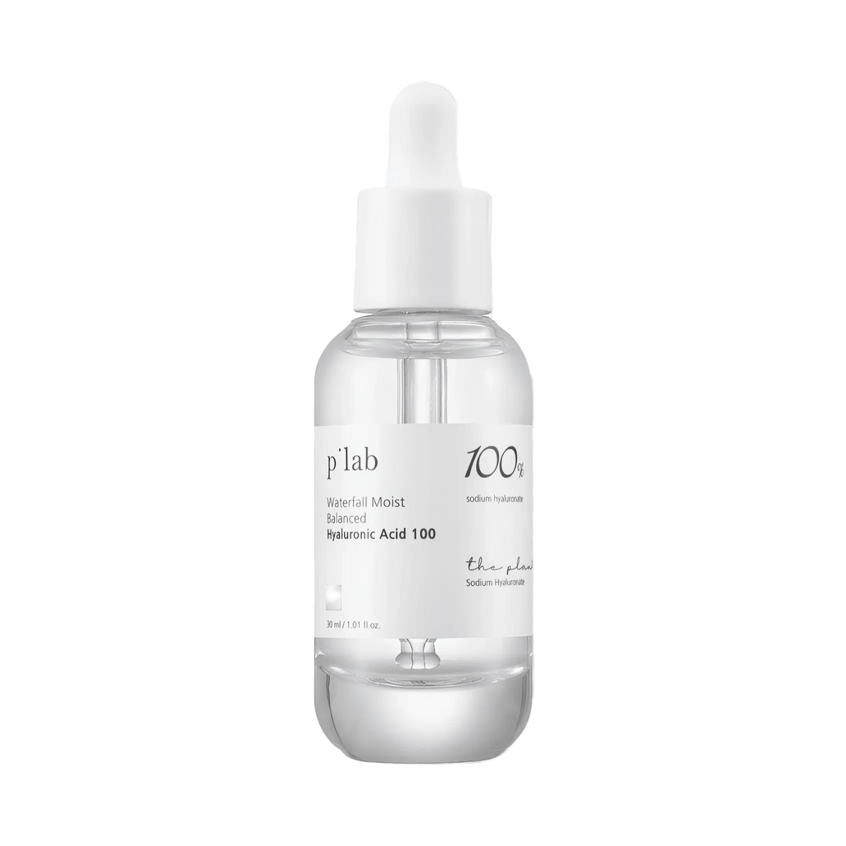 THE PLANT BASE Waterfall Moist Balanced Hyaluronic Acid 100 30ml – klare Flasche mit transparenter Kappe vor Schwarz