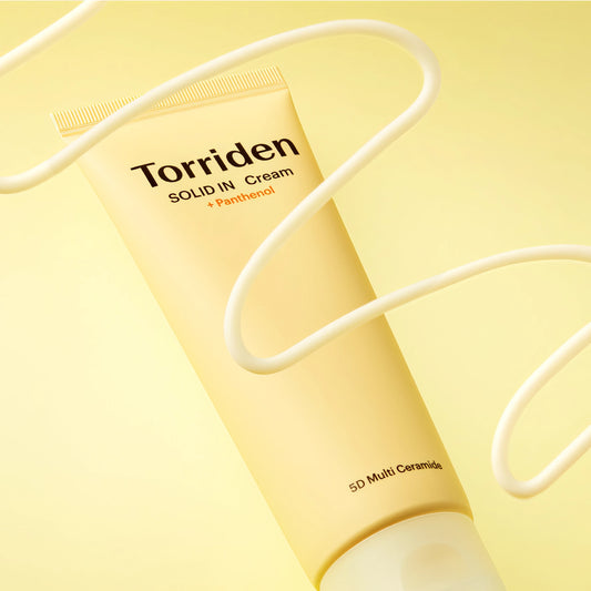 Torriden SOLID-IN Ceramide Cream 70ml – Beige Tube mit weißem Etikett vor gelbem Hintergrund