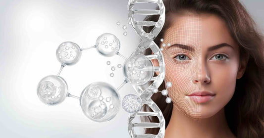 eptide in der Hautpflege – Molekülmodell, DNA-Helix und Gesicht einer Frau