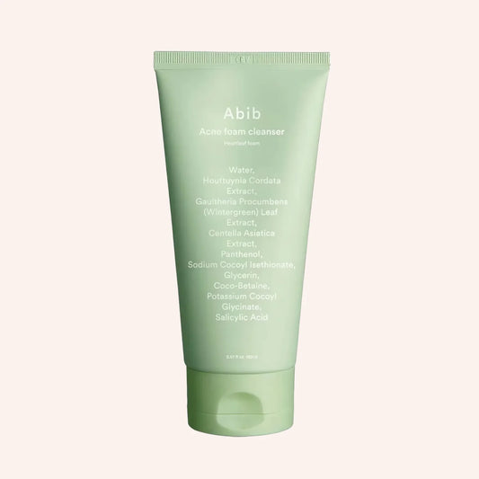 Abib Acne Foam Cleanser Heartleaf Foam 150ml – weiße Tube mit türkisfarbenem Band, freigestellt