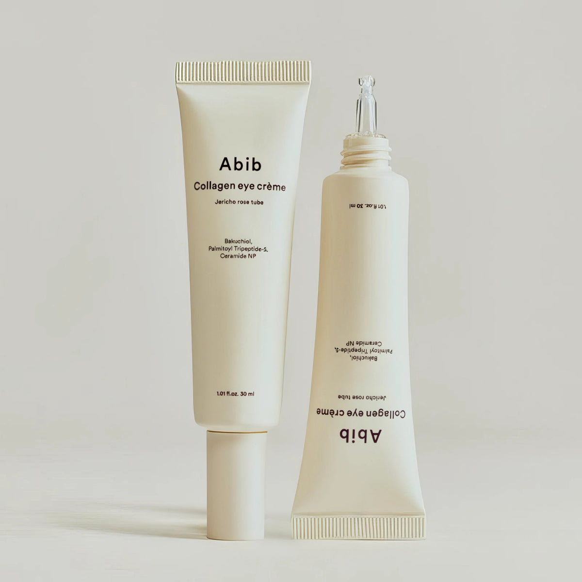 Abib Collagen Eye Crème Jericho Rose Tube 30ml – zwei helle Verpackungen nebeneinander vor neutralem Grund
