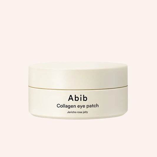 Abib Collagen Eye Patch Jericho Rose Jelly 90g/60Stk – Tiegel mit cremefarbenem Deckel auf schwarzem Grund