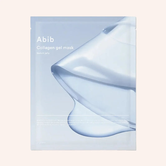 Abib Collagen Gel Mask Sedum Jelly 35g – blau-weißer Maskenbeutel auf blauem Hintergrund
