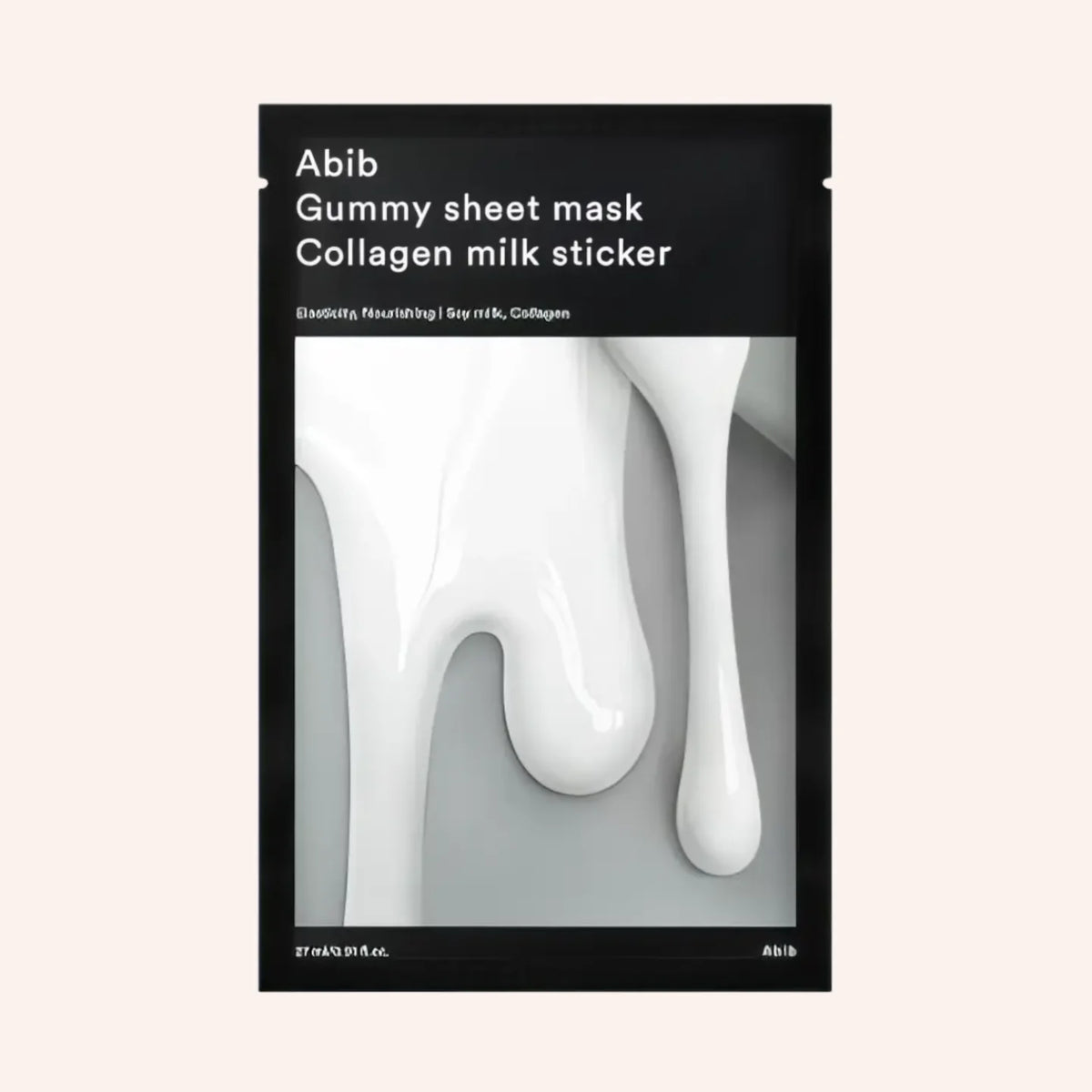 Abib Gummy Sheet Mask Collagen Milk Sticker 27ml – weißer Karton mit Sichtfenster auf schwarzem Grund