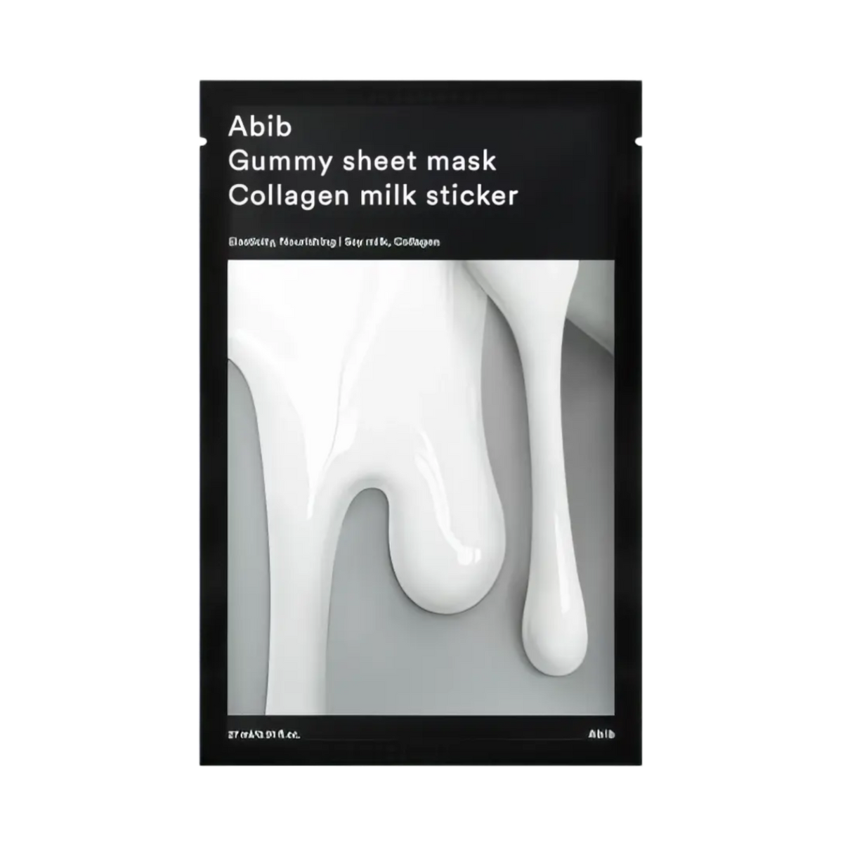 Abib Gummy Sheet Mask Collagen Milk Sticker 27ml – weißer Karton mit Sichtfenster auf schwarzem Grund