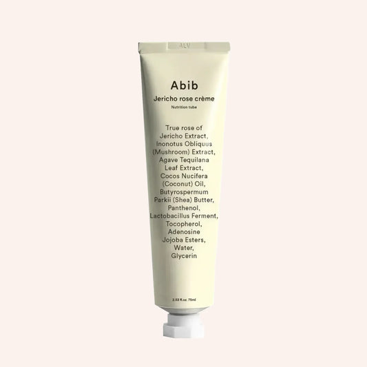 Abib Jericho Rose Creme 75ml – cremeweiße Tube aufrecht stehend auf schwarzem Hintergrund