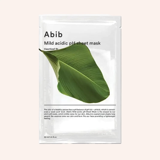 Abib Mild Acidic pH Sheet Mask Heartleaf Fit 30ml – weißer Maskenbeutel mit Sichtfenster, grünem Blatt und grünem Kopfteil