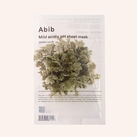 Abib Mild Acidic pH Sheet Mask Jericho Rose Fit 30ml – flacher Maskenbeutel mit runden Ecken in Grünbraun auf hellem Grund