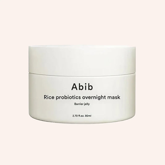 Abib Rice Probiotics Overnight Mask Barrier Jelly 80ml – Tiegel mit Deckel und weiß-schwarzem Etikett vor dunklem Hintergrund