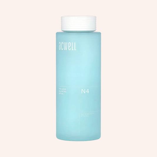 Acwell Real Aqua Balancing Lotion 140ml – Flasche mit blauem Etikett und weißer Schrift vor hellem Hintergrund