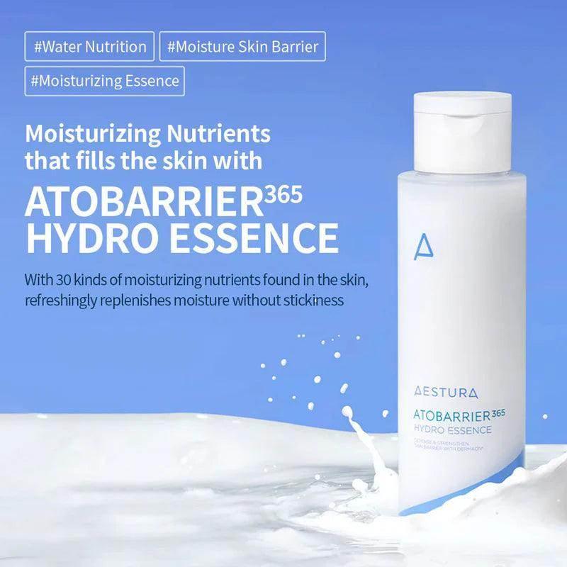 Aestura Atobarrier 365 Hydro Essence 200ml – weiße Flasche vor blau-weißem Farbverlauf mit unscharfem Hintergrund