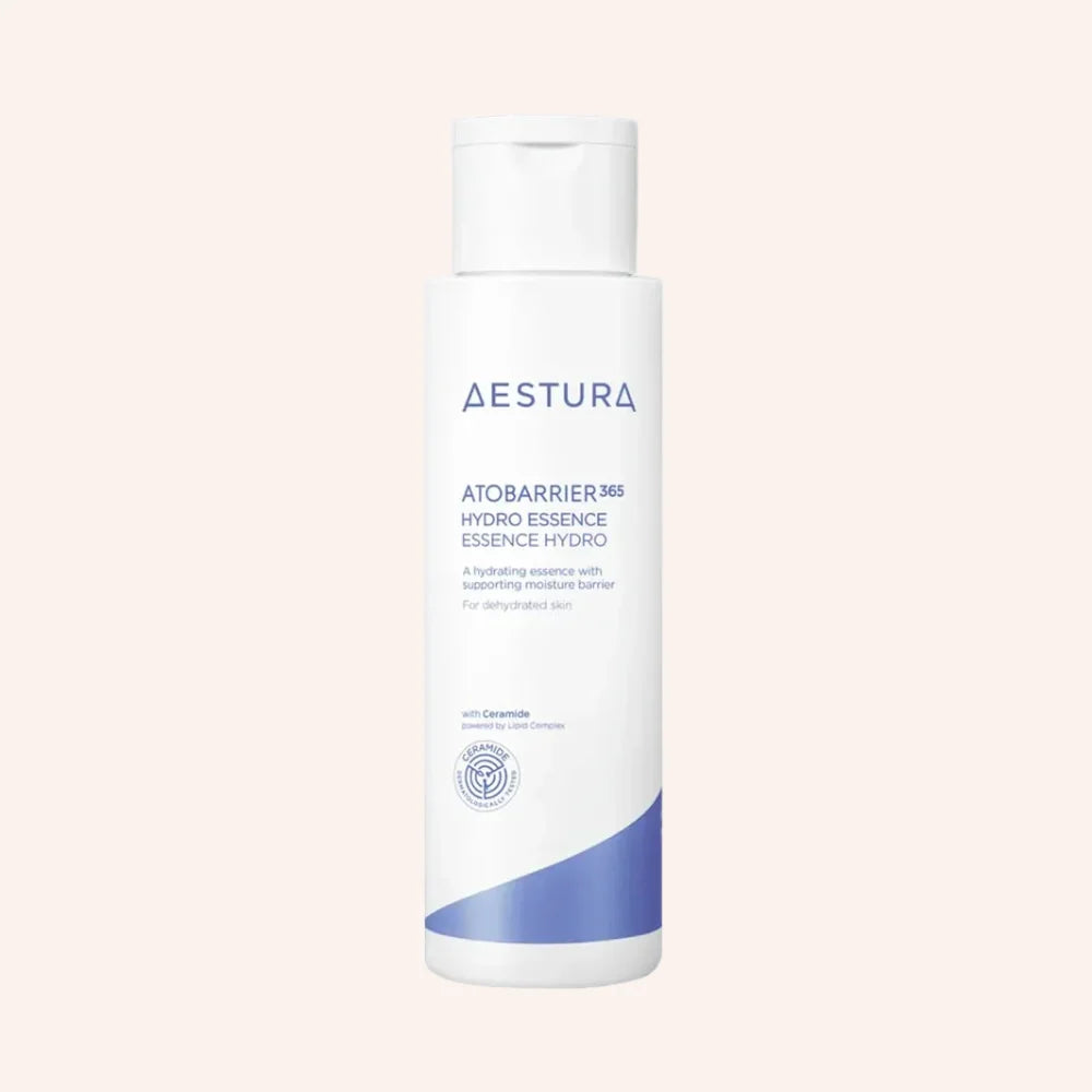 Aestura Atobarrier 365 Hydro Essence 200ml – weiße Flasche mit blau-weiß gestreiftem Etikett, aufrecht freigestellt