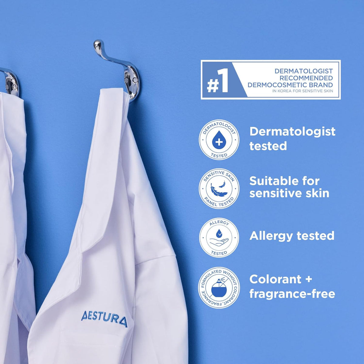 Aestura Atobarrier 365 Hydro Essence 200ml – Infografik in Weiß mit blauen Akzenten und runden Symbolen