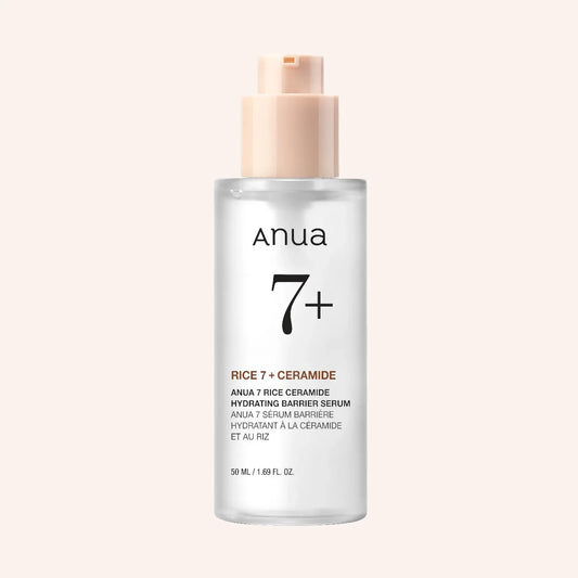 Anua Rice 7 Ceramide Hydrating Barrier Serum 50ml – hellgraue Pipettenflasche mit beigem Etikett, Kappe gleichfarbig
