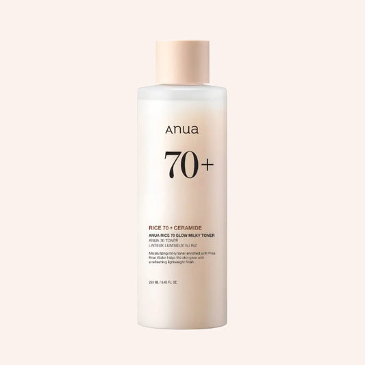 Anua Rice 70 Glow Milky Toner 250ml – zylindrische Flasche in hellem Beige, freigestellt