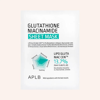 APLB Glutathione Niacinamide Sheet Mask 25ml – weißer Beutel mit buntem Etikett, Sechseck-Logo und Maskensymbol