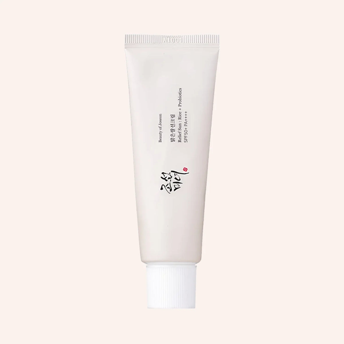 Beauty of Joseon Relief Sun : Rice + Probiotics SPF50+ PA++++ 50ml – aufrecht stehende glatte weiße Tube mit Kappe nach oben, schlicht vor reinweißem Hintergrund