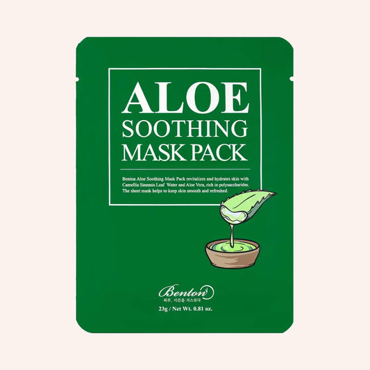 Benton Aloe Soothing Mask 23g – grüner Karton mit illustrierter Aloe-Pflanze, freigestellt auf weißem Grund
