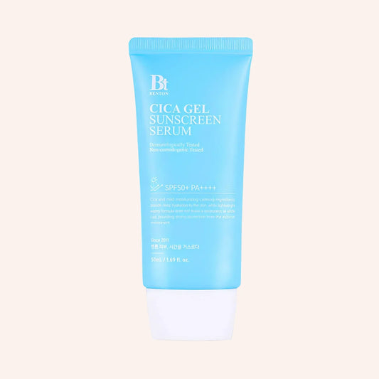 Benton Cica Gel Sunscreen Serum SPF50 PA++++ 50ml – aufrechte Tube vor dunklem Hintergrund