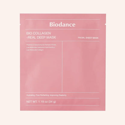 Biodance Bio-Collagen Real Deep Mask 34g – Weißes Maskensachet mit rotem Rechteck links und Schriftzug oben