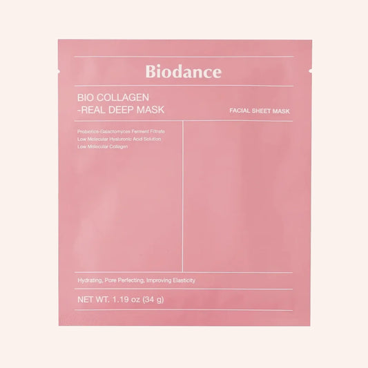 Biodance Bio-Collagen Real Deep Mask 4x34g – Klares Sachet mit rotem Etikett und Bild einer Tuchmaske