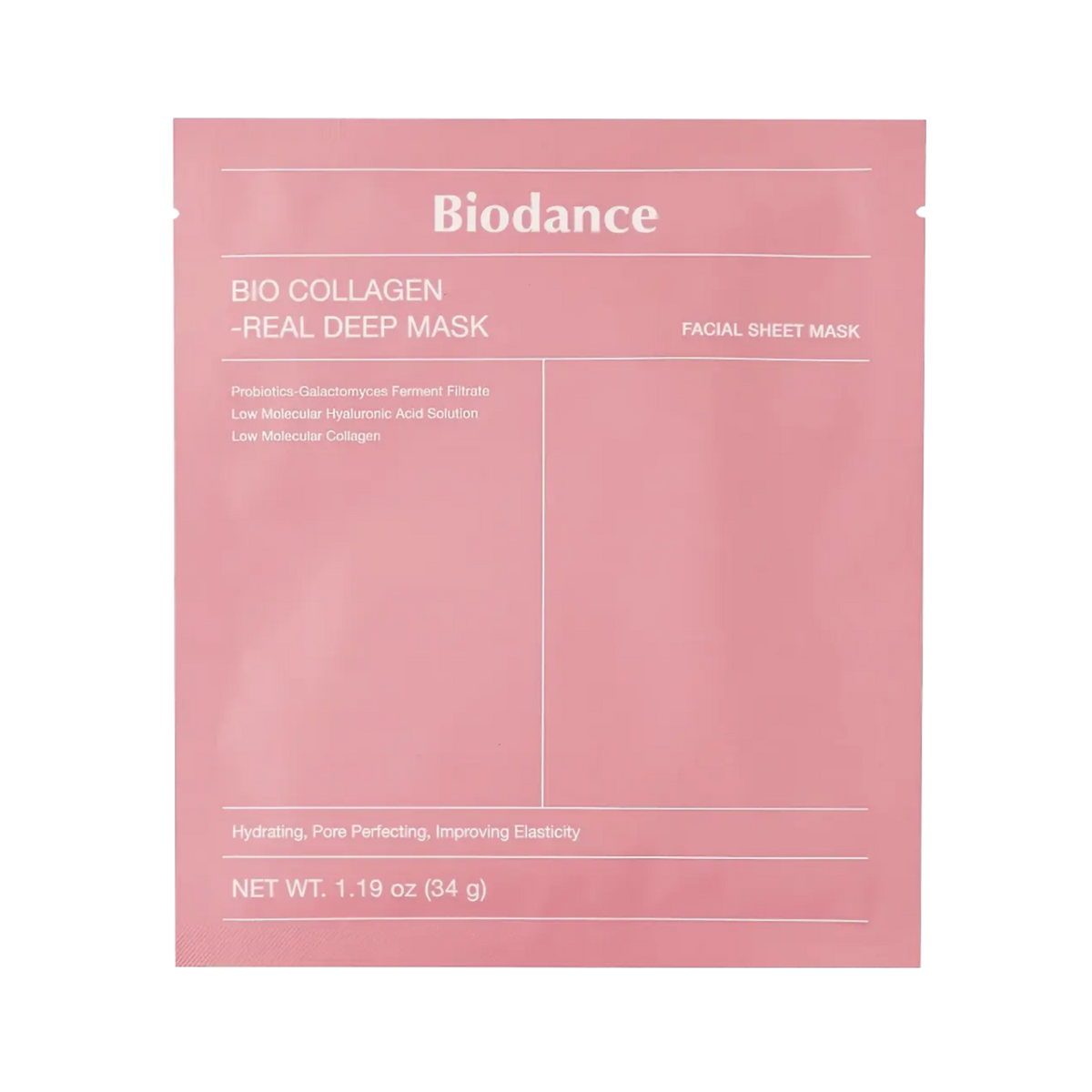 Biodance Bio-Collagen Real Deep Mask 34g – Weißes Maskensachet mit rotem Rechteck links und Schriftzug oben