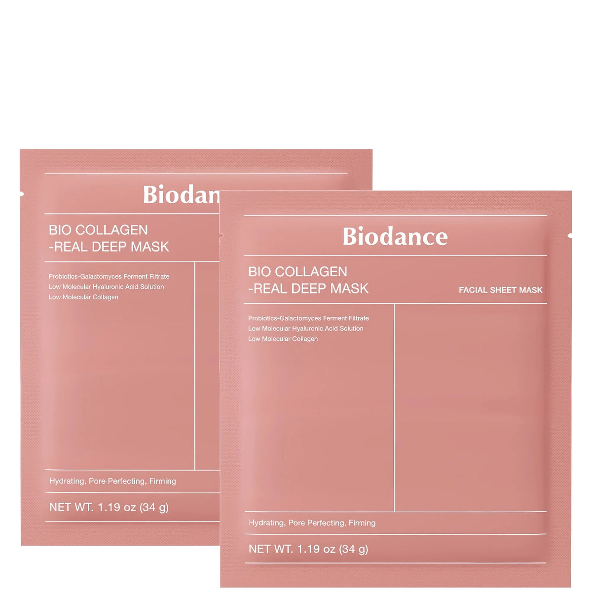 Biodance Bio-Collagen Real Deep Mask 34g – Zwei pinke Maskensachets mit klarer Vorderseite nebeneinander