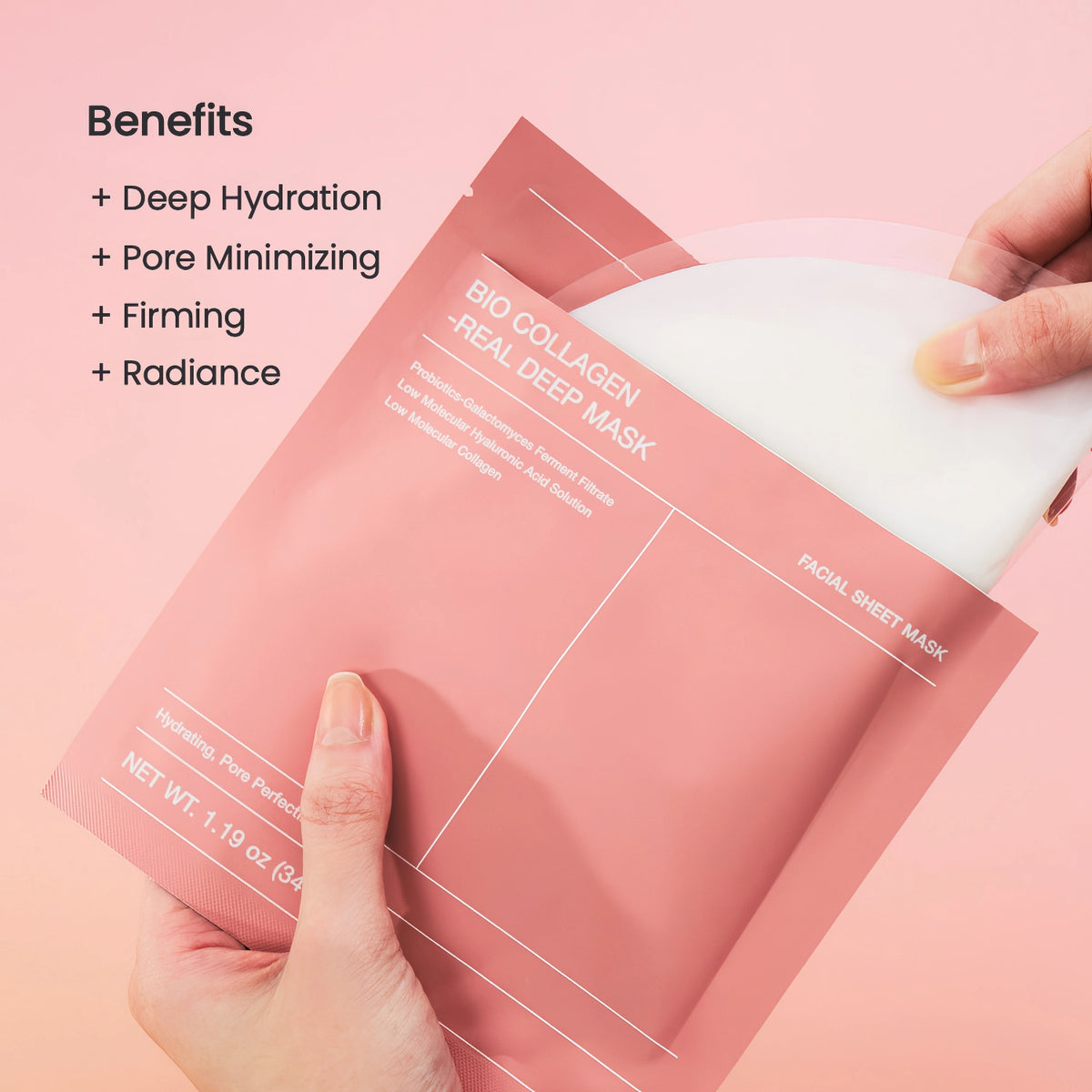 Biodance Bio-Collagen Real Deep Mask 34g – Hand hält transparente Packung mit rosa Maske