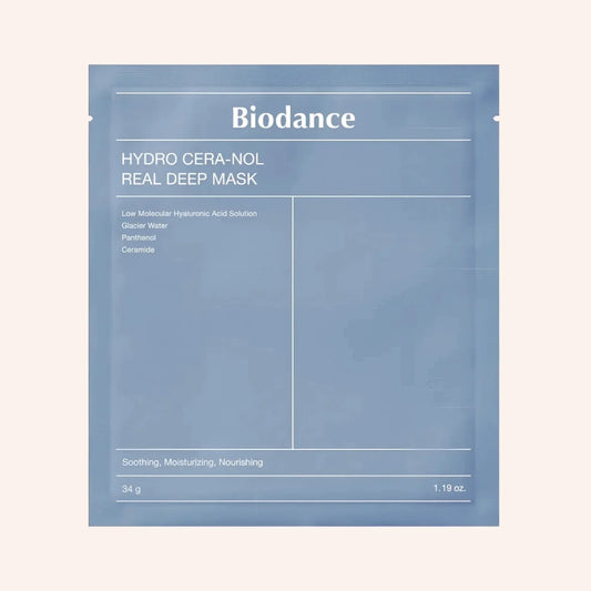Biodance Hydro Cera-nol Real Deep Mask 34g – Maskenpäckchen mit blauem Etikett auf blauem Grund