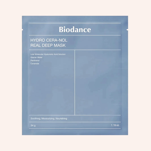 Biodance Hydro Cera-nol Real Deep Mask 4x34g – Klarer rechteckiger Umschlag mit Etikett vor einfarbig hellem Hintergrund