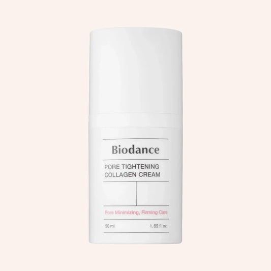 Biodance Pore Tightening Collagen Cream 50ml – Weiß-schwarzer Tiegel mit dunklem Etikettband oben, frontal gezeigt