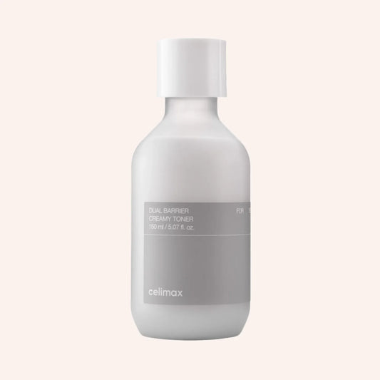 Celimax Dual Barrier Creamy Toner 150ml – weiße Flasche mit klarem Körper und schmalem Hals, schlicht auf hellem Untergrund
