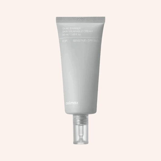 Celimax Dual Barrier Skin Wearable Cream 50ml – weiße Tube, schwarze Kappe, dreigeteiltes Etikett, auf Schwarz