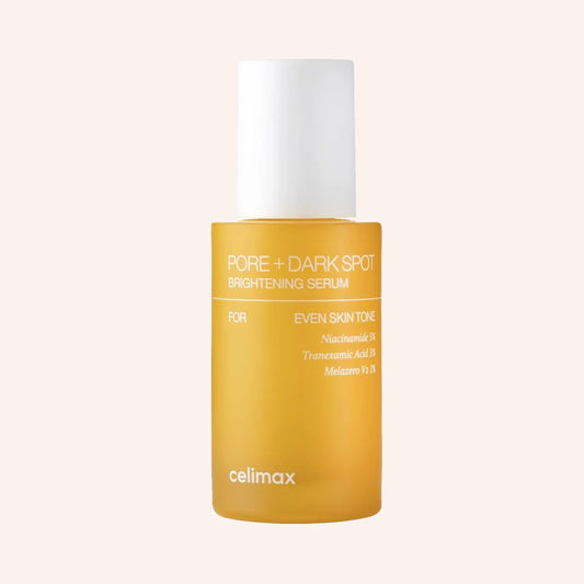 Celimax Pore+Dark Spot Brightening Serum 30ml – gelb-orange Pipettenflasche mit Kappe, Schrift in schlichter Kleinschreibung