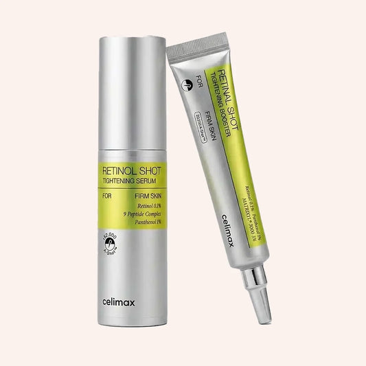 Celimax Vita-A Duo: Retinol + Retinal Set – aufrechte Tube mit farbigem Etikettfeld vor Schwarz